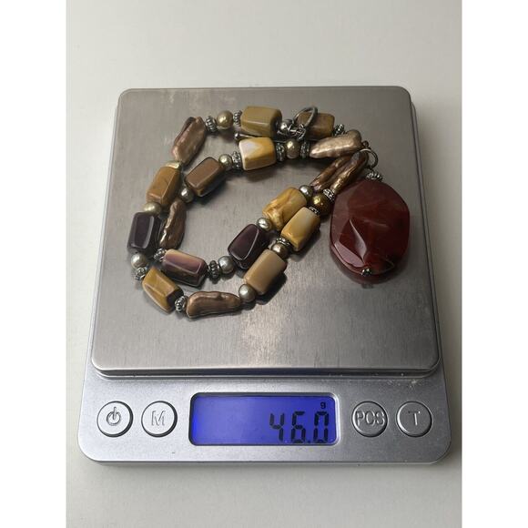 Sterling Silver Real Pearl Ceramic & Stone Necklace Toggle Clasp 16" Fall Colors - Picture 9 of 12